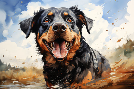 Rottweiler dog on a background of blue sky with cloudsの素材