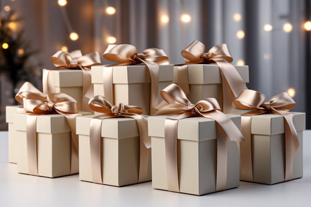Gift boxes with golden ribbons on white table, closeupの素材