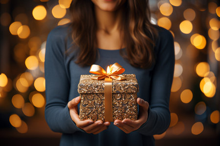 Photo pour christmas, holidays, celebration and people concept - close up of woman holding golden gift box over christmas lights background - image libre de droit