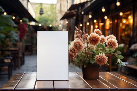Blank menu card mockup on wooden table in cafe restaurant. Defocused street background.の素材