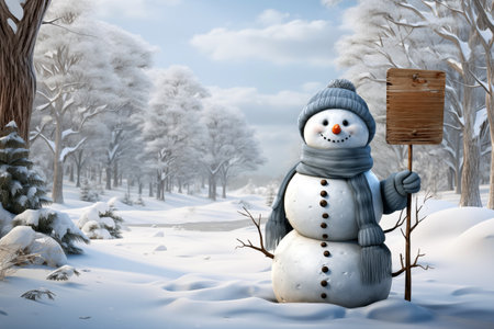 Snowman in winter forest with wooden signboard.の素材