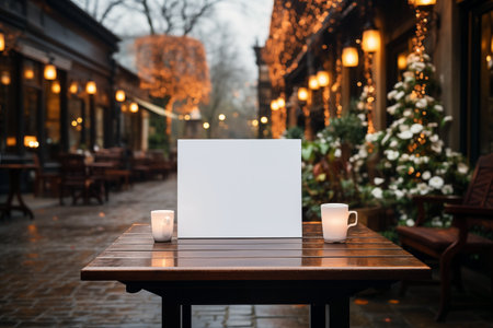 Mock-up Menu frame with coffee cup on wooden table in street cafe, bokeh Christmas backgroundの素材
