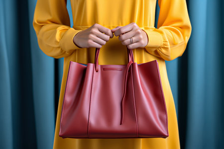 Fashionable woman in yellow dress holding red handbag on blue background, close-upの素材