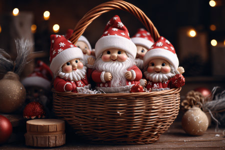 Christmas gnomes in a wicker basket on a dark background.の素材