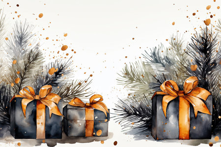 Winter landscape with fir trees and gift boxes. Watercolor painting.の素材