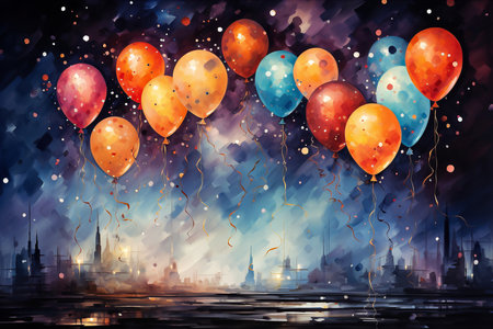 Colorful balloons with ribbons and confetti on dark watercolor background with copy spaceの素材