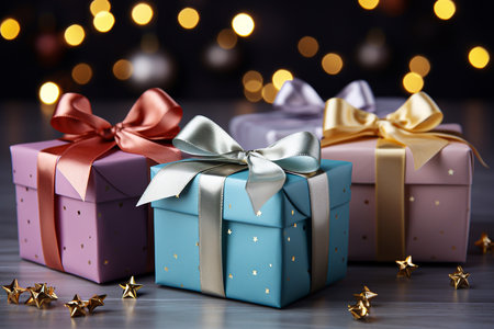 Gift boxes with bows on bokeh background, closeupの素材
