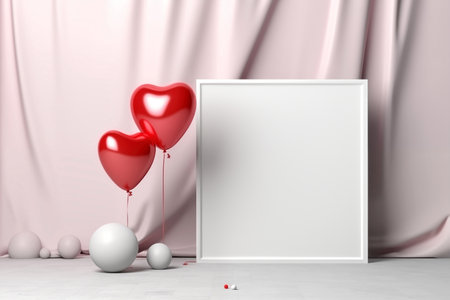 Valentine's Day background with red heart balloons and blank picture frame.の素材