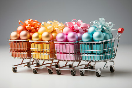 Shopping cart full of colorful Christmas or New Year gifts on gray backgroundの素材