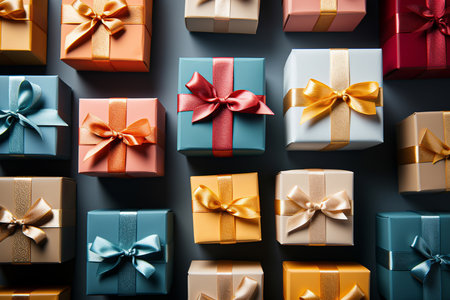 Colorful gift boxes on black background. Top view. Flat lay.の素材