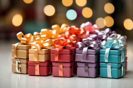 Gift boxes with colorful ribbons on bokeh background.の素材