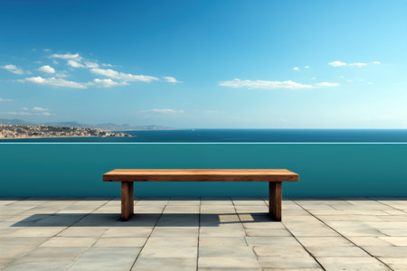 Wooden bench on the terrace with sea and sky background,  free space for textの素材
