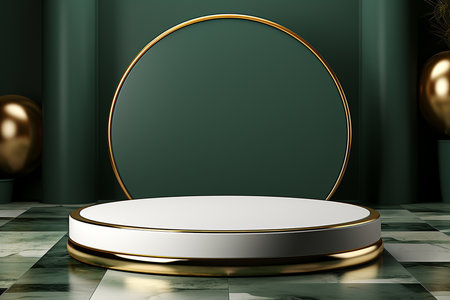 3d render of green round podium with gold frame on a marble background, mockupの素材