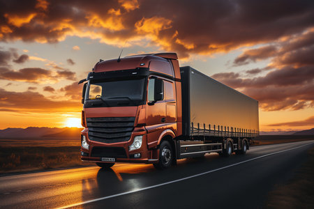 Truck on the highway at sunset. Concept of transportation and logisticsの素材