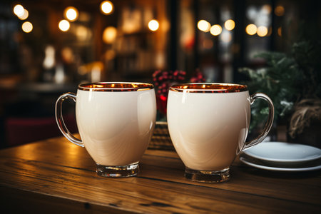 Croped image of couple in love drinking hot chocolate in a cafe on Christmas eveの素材