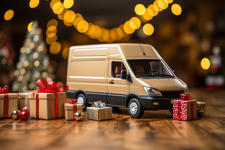 Truck with boxes of gifts against blurred christmas lights. Christmas and new year concept.の素材
