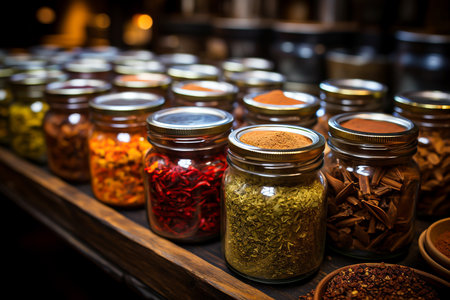 Spices and herbs in glass jars on the wooden table. Selective focus.の素材