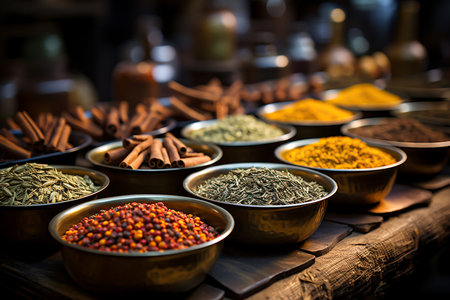 Spices and herbs in bowls on wooden table in oriental kitchen, close-upの素材
