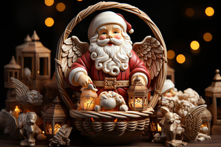 Christmas gnomes in a wicker basket on a dark background.の素材