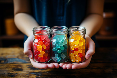 Colorful candies in glass jars in female hands on dark backgroundの素材