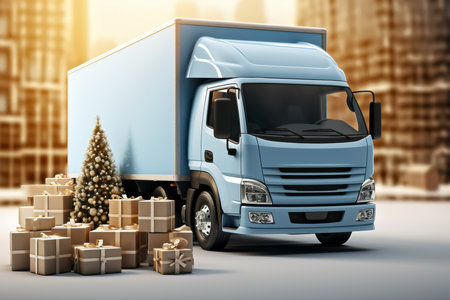 White commercial delivery truck with christmas gift boxes. Christmas shopping and sales concept.の素材