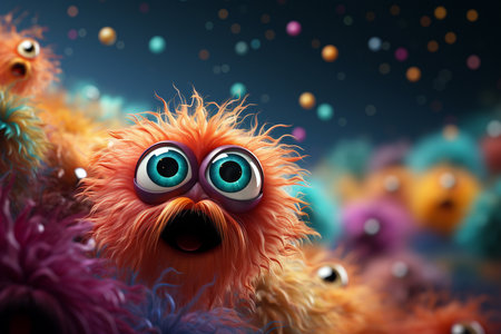 3d illustration of funny orange monster with eyes and mouth on dark backgroundの素材