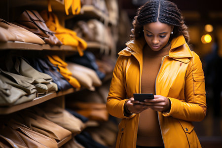 Woman in a yellow coat using a mobile phone, bokeh market backgroundの素材