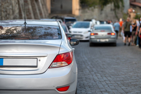 car in big traffic jam. Back view. Blurred background. Selective focusの写真素材