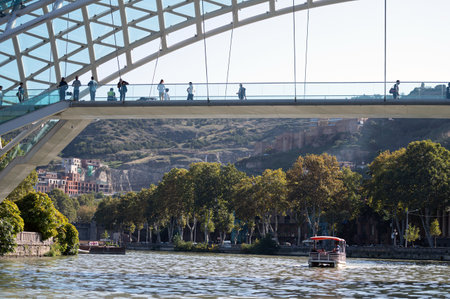 Tbilisi, Georgia - October 8, 2023: Tbilisi city view from boat ride on the Kura Riverのeditorial素材