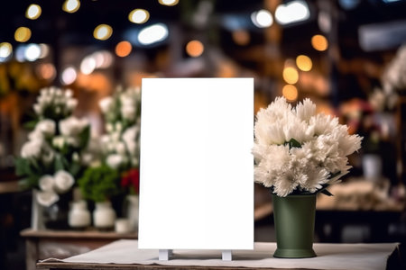 Blank white poster on the wooden stand with blurred background of flower shopの素材
