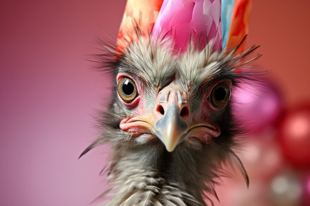 close-up portrait of a chicken with a party hat on a pink backgroundの素材