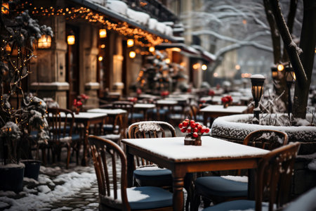 Tables and chairs of a street cafe covered with snow. Bokeh street lights on background.の素材