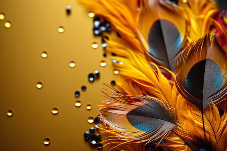 Colorful feathers and beads on golden background. Close-up.の素材