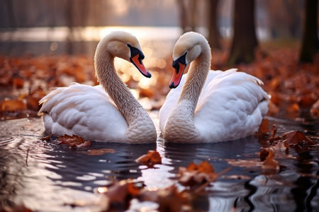 Two graceful white swans swimming on the lake in autumn park. Two swans in love.の素材