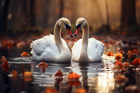 Two beautiful swans swimming on the lake at sunset. Romantic scene.の素材