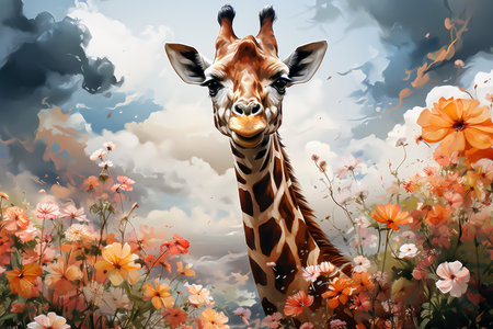 Watercolor painting of a giraffe in the wild with flowers and cloudsの素材