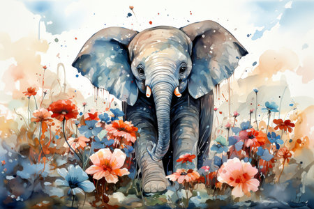 Watercolor painting of an elephant in a meadow full of flowers. Childrens room decorの素材