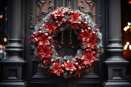 Christmas wreath with red berries on the background of a wrought iron fenceの素材
