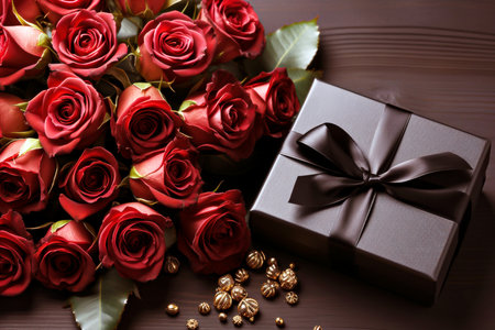 Bouquet of red roses and gift box on wooden background, close-upの素材