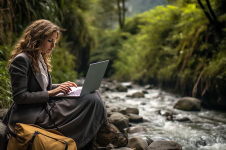 Young businesswoman working on her laptop in the rainforest with a mountain river in the backgroundの素材