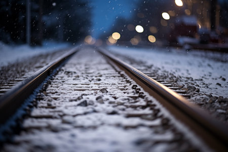 Railway tracks covered with snow in the city at night in winter.の素材