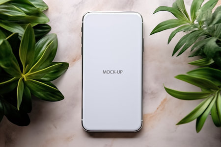 Mock-up of a smartphone on a marble background with green plant, digital business conceptの素材