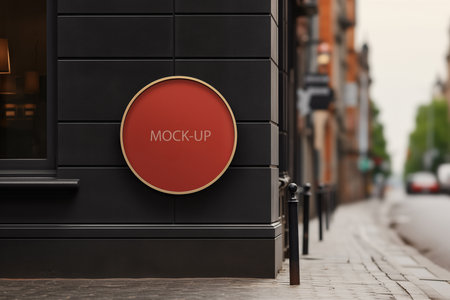 Red signboard mock-up on a wall of a store in the city. Mockup for designの素材