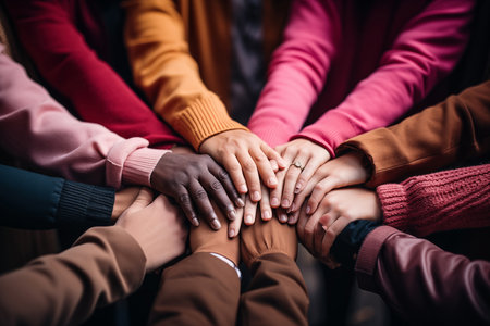 Teamwork concept. Group of multiethnic people holding hands togetherの素材