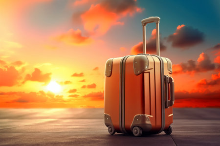 Travel suitcase on the background of the sunset sky.の素材