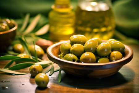 Green olives and olive oil in a bowl on a wooden tableの素材
