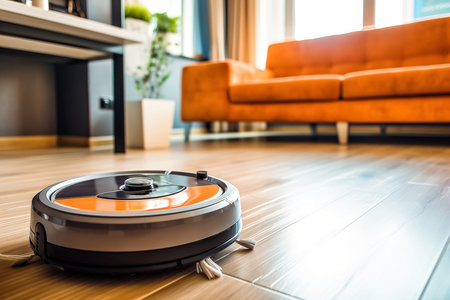 Modern robotic vacuum cleaner cleaning the floor in living room at home.の素材