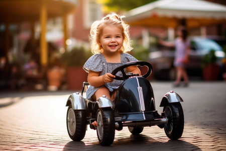 Adorable little girl driving a toy car on the street in summerの素材