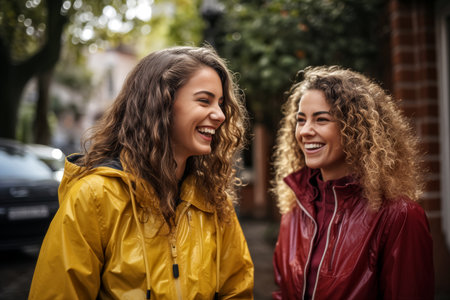 Portrait of two happy young women friends in raincoat laughing outdoorsの素材