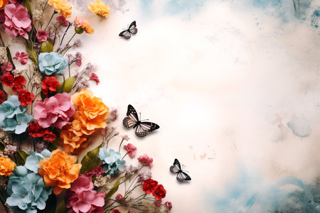 Flowers and butterflies on grunge background with space for your textの素材